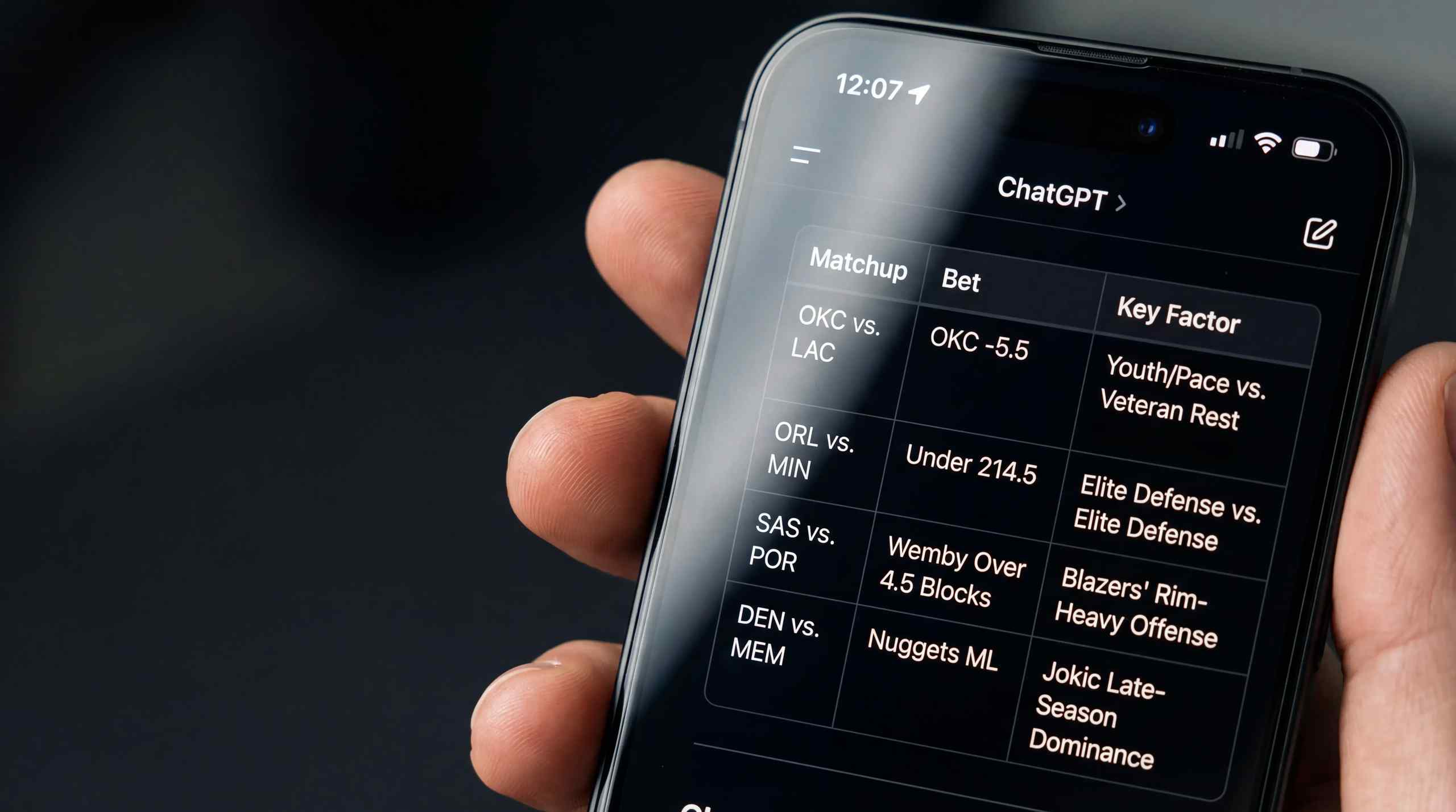A smartphone with ChatGPT displaying several popular NBA match ups.
